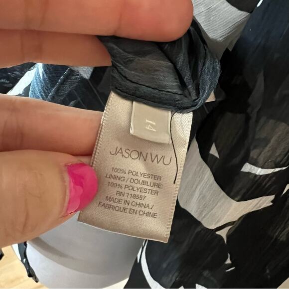 Jason Wu navy blue white floral neck tie sheer flowy button front blouse 14 - Picture 9 of 10